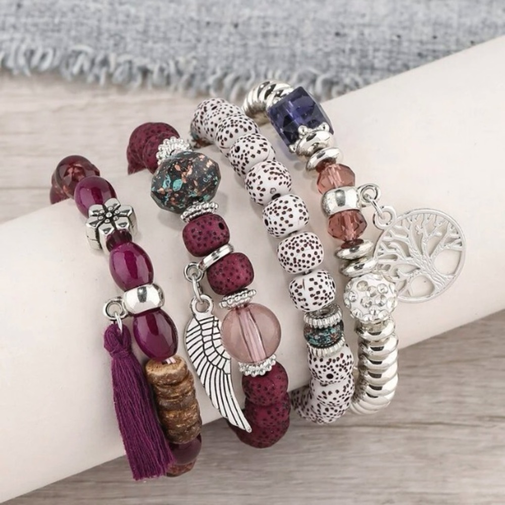 🌳 4 Pcs Tree of Life, Tassel Purple Charm  Beaded Bracelet Set NWT - Picture 4 of 6
